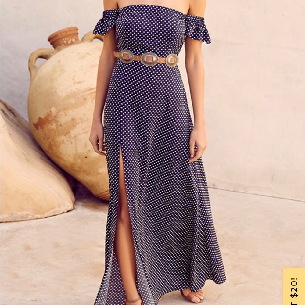 Navy Blue Polka Dot Off-the-Shoulder Maxi Dress